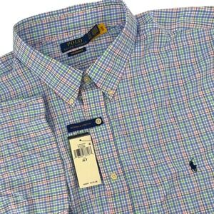 NWT Polo Ralph Lauren Performance Shirt Mens 3XLT Blue Pink Plaid Short Sleeve